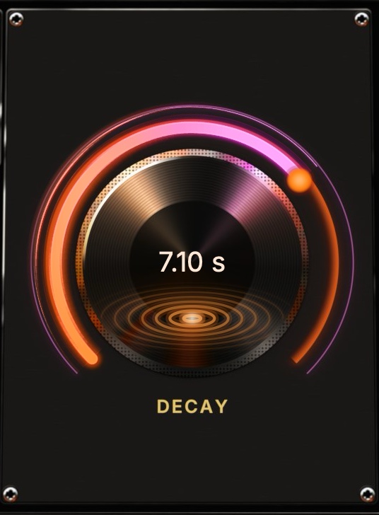 Close-up of the Decay dial: a glowing arc around a dark record, with orange ripples spreading on it.
