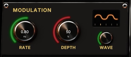 The Modulation section: Rate and Depth knobs and a small Wave knob under a display showing the modulation shape.