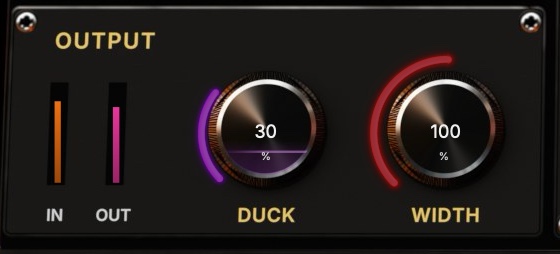 The Output section: In and Out meters, the Duck knob with a violet level glowing inside it, and the Width knob.