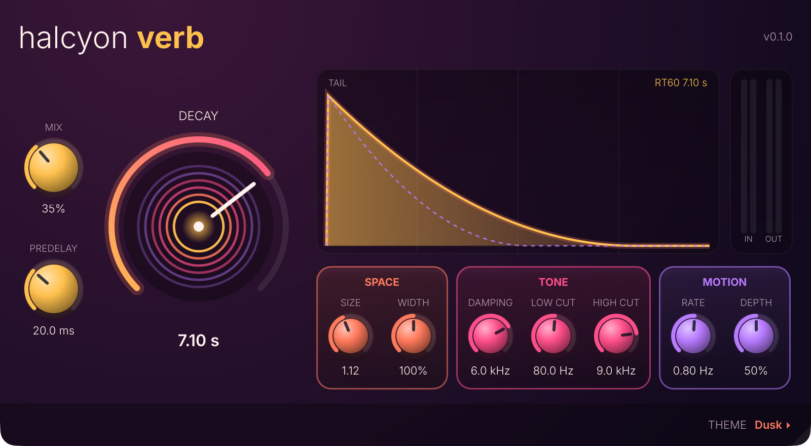 The same Halcyon Verb window in the Dusk theme, in warm amber, coral and violet.